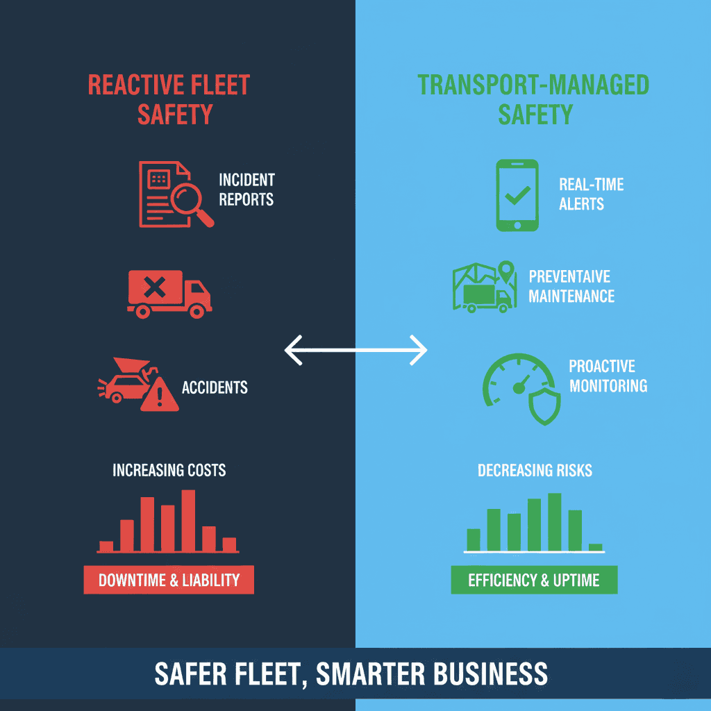 Infographic comparing reactive fleet safety with transport-managed safety systems