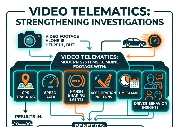 Insurance investigation dashboard combining fleet camera footage, GPS timestamps, and telematics-based incident reconstruction