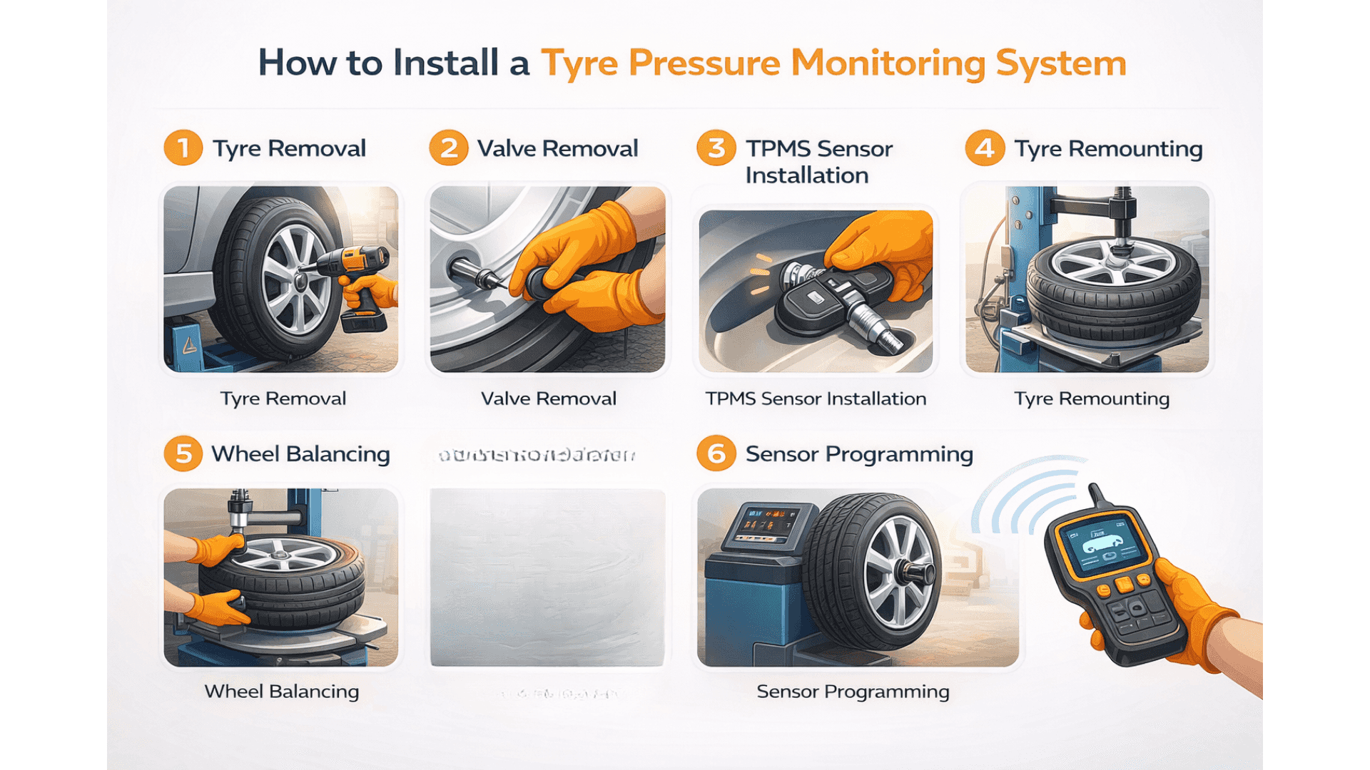 Step-by-step infographic showing how to install a tyre pressure monitoring system in a car