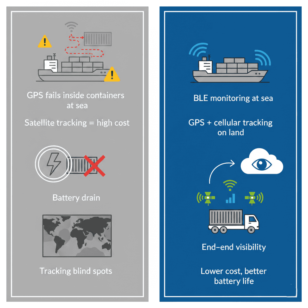 Comparison infographic showing hybrid container tracking versus single-technology solutions