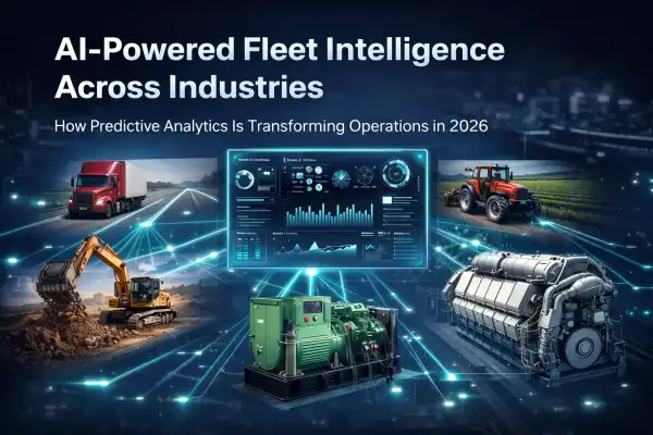 AI-powered fleet intelligence dashboard connecting trucking, construction, mining, farming, and industrial equipment with real-time analytics and predictive insights