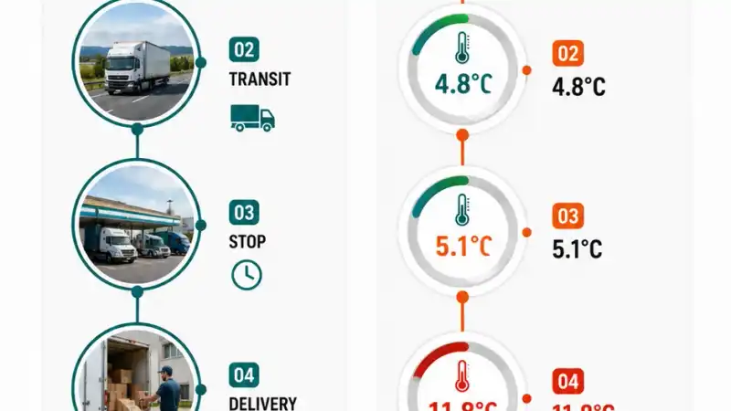 Infographic showing how GPS location, temperature sensors, alerts and historical records combine into complete cold chain visibility