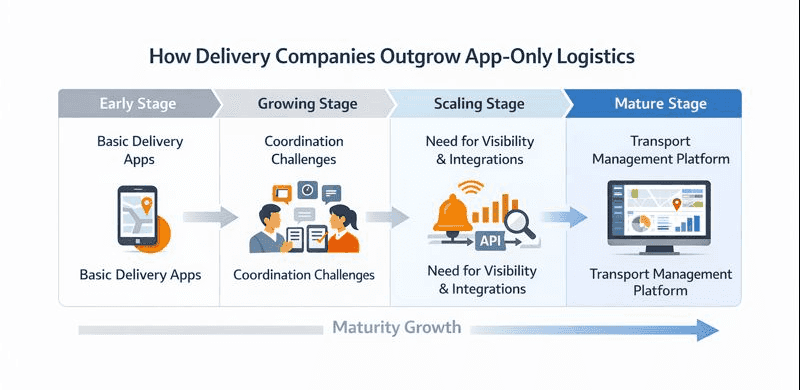Infographic showing the maturity journey from app-only delivery management to platform-based transport management