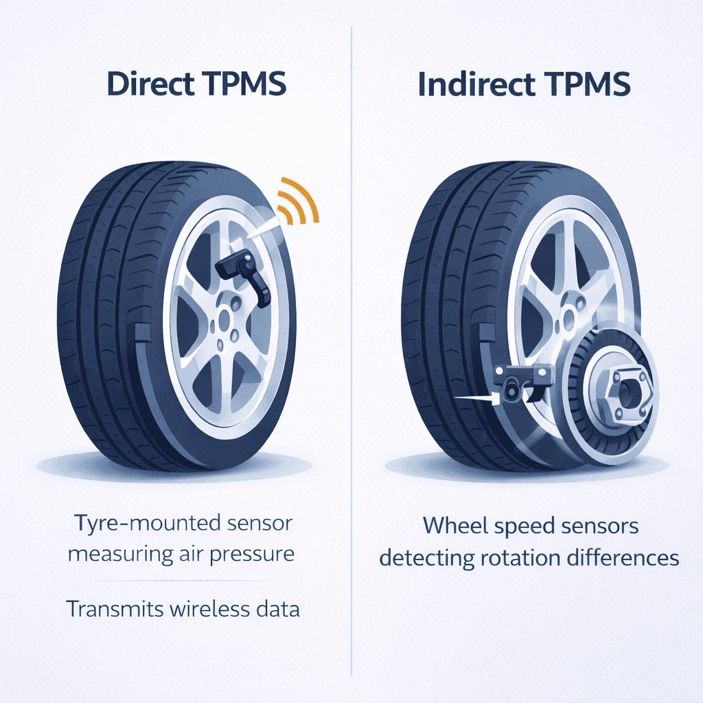 Comparison infographic explaining how direct and indirect tyre pressure monitoring systems work
