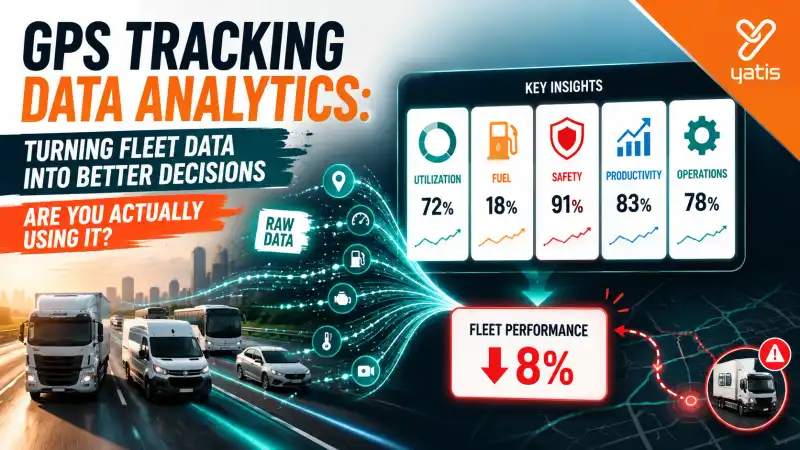 GPS tracking data analytics dashboard showing fleet utilization, fuel, safety, productivity and operational KPIs