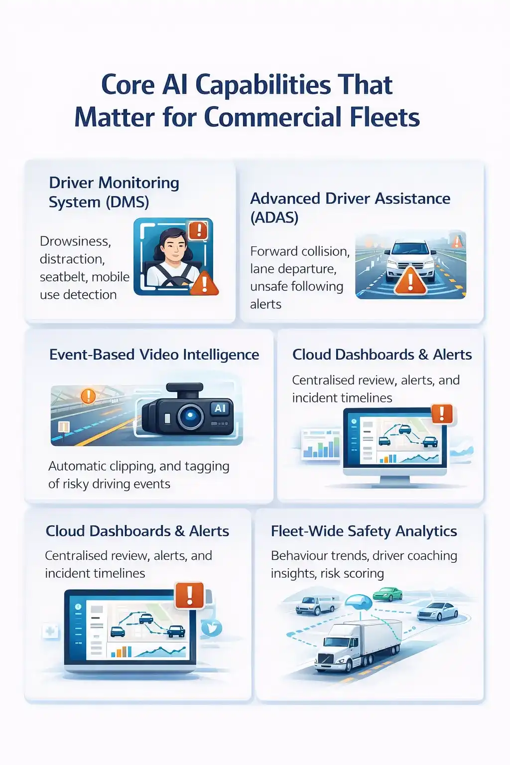 Core AI capabilities of fleet-grade AI dash cams including driver monitoring, ADAS, event detection, dashboards, and safety analytics