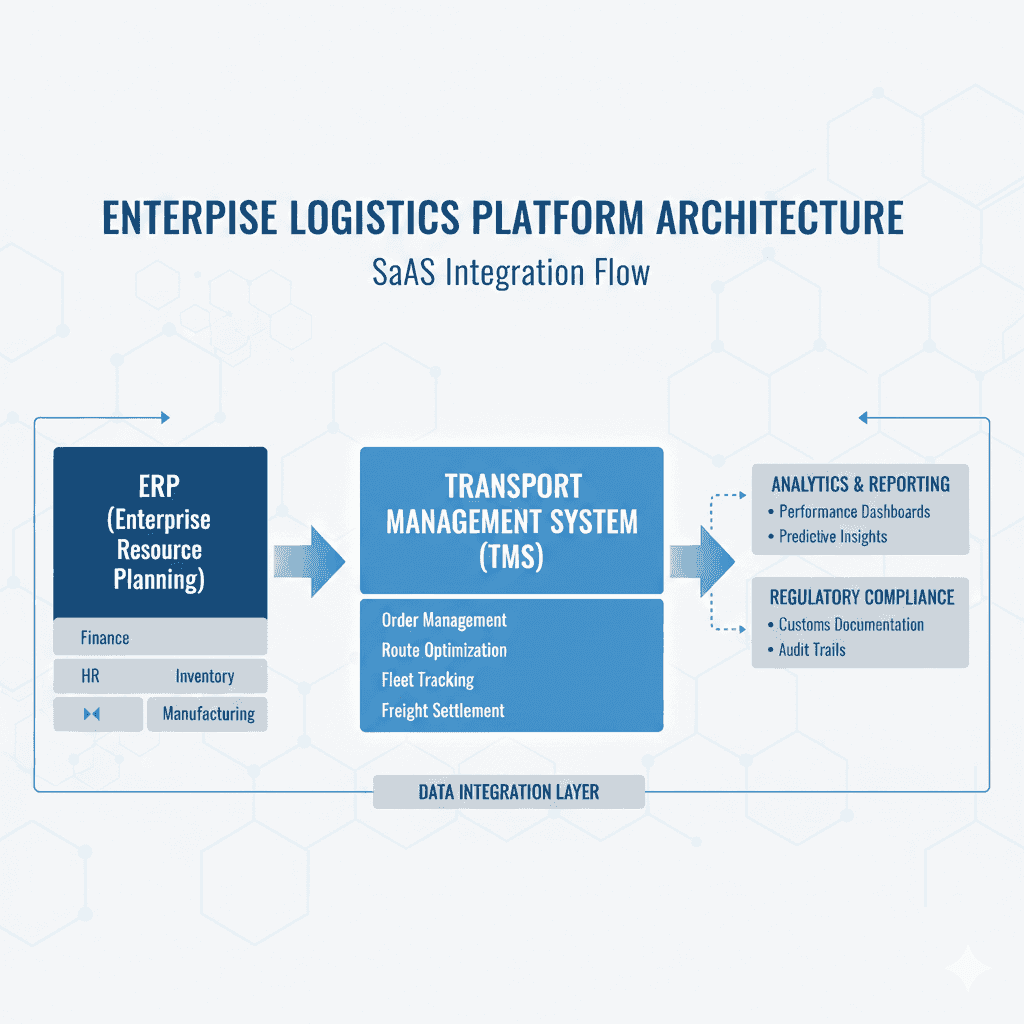 Infographic showing real-time transport management visibility versus delayed ERP reporting