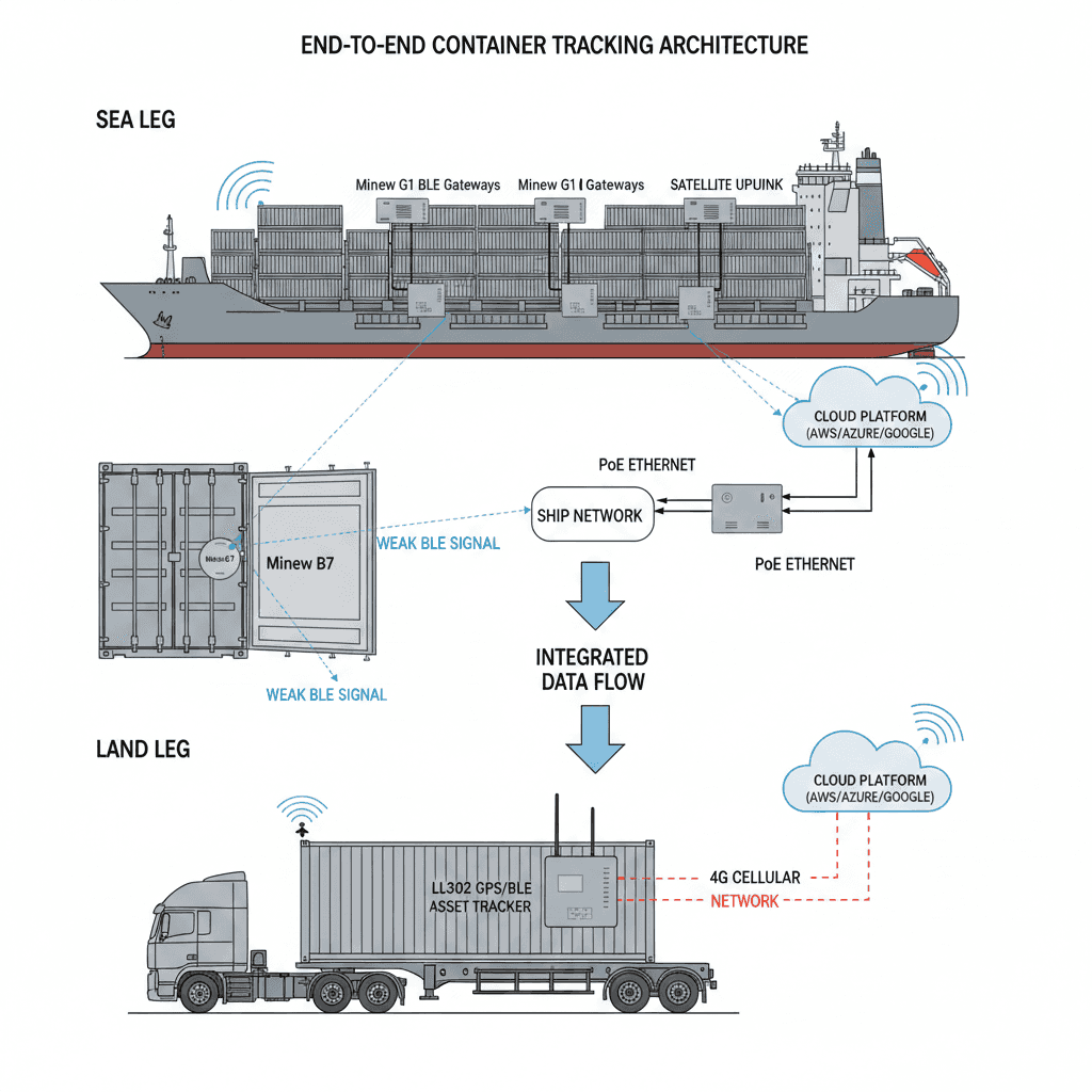 Architecture diagram showing hybrid container tracking using BLE sensors at sea and GPS tracking on land
