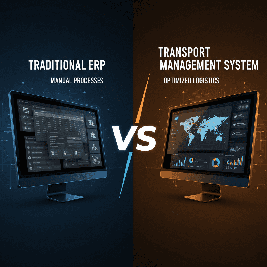 Transport management system vs ERP comparison showing real-time fleet tracking versus traditional enterprise