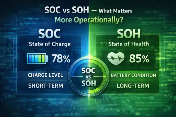 Split battery dashboard showing state of charge percentage and state of health graph comparison in a BESS monitoring system
