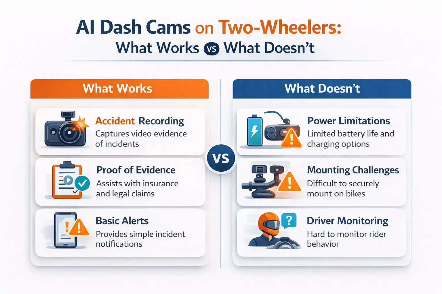 Infographic explaining capabilities and limitations of AI dash cams on two-wheelers