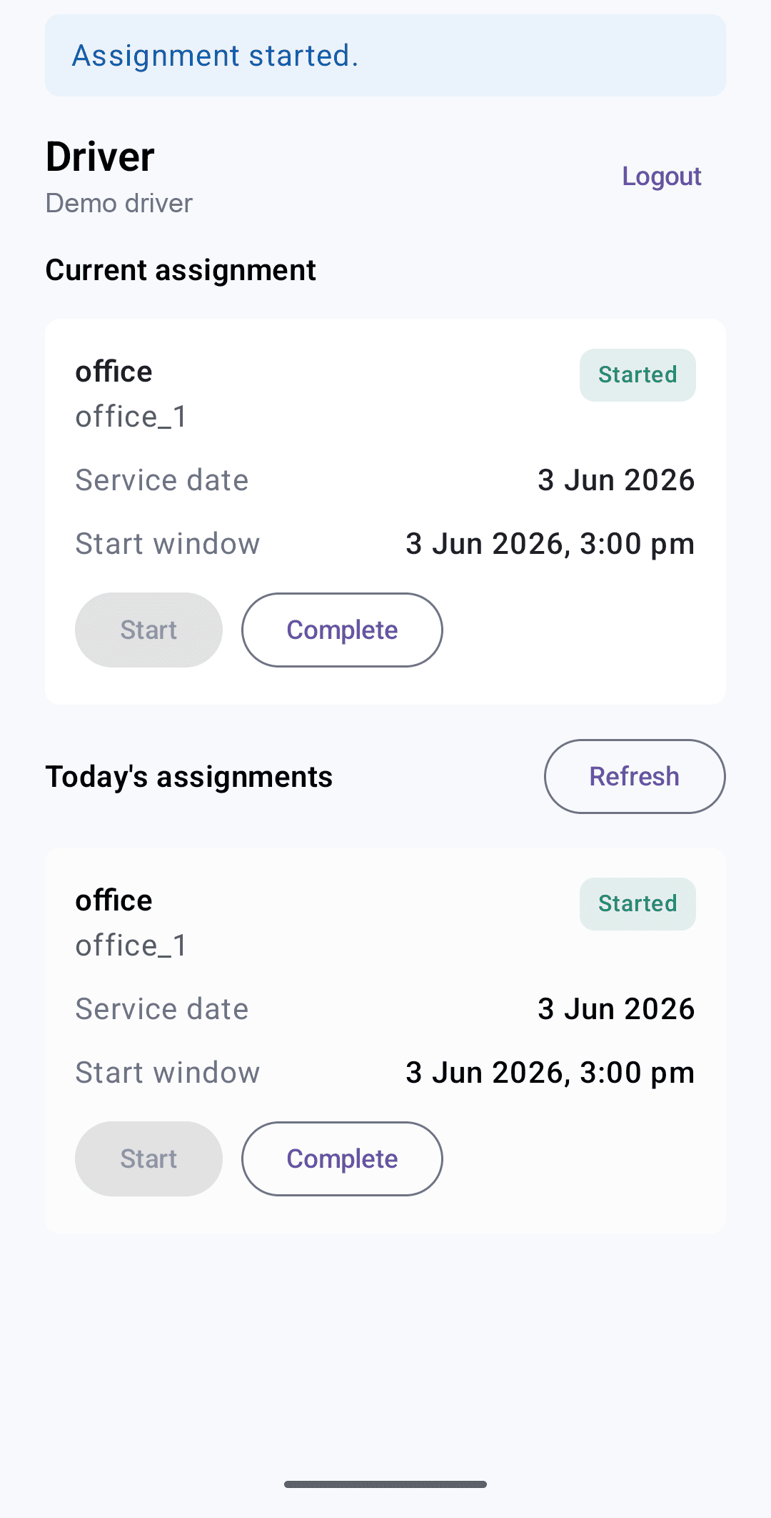 Android field app with an active assignment and live tracking