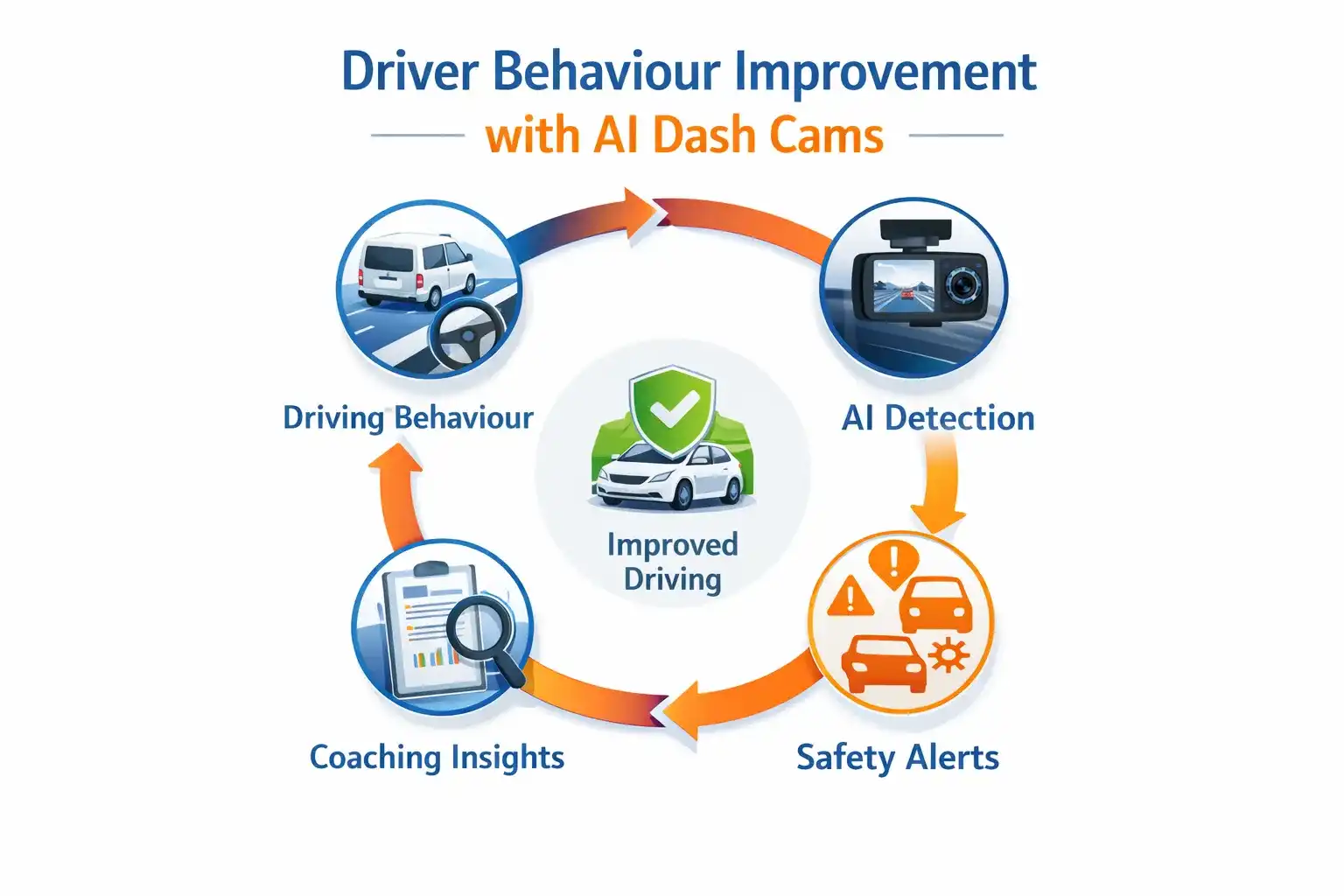 Infographic showing how AI dash cams help improve driver behaviour over time through alerts and coaching