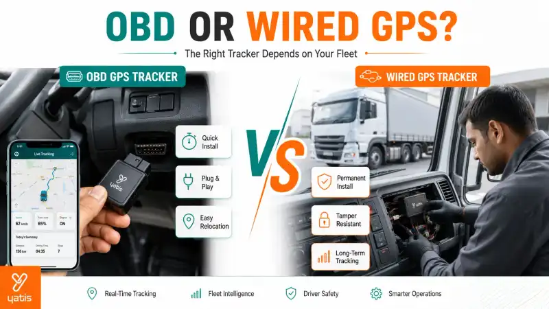 Comparison between an OBD GPS tracker plugged into a vehicle OBD-II port and a wired GPS tracker installed behind the dashboard in a commercial vehicle
