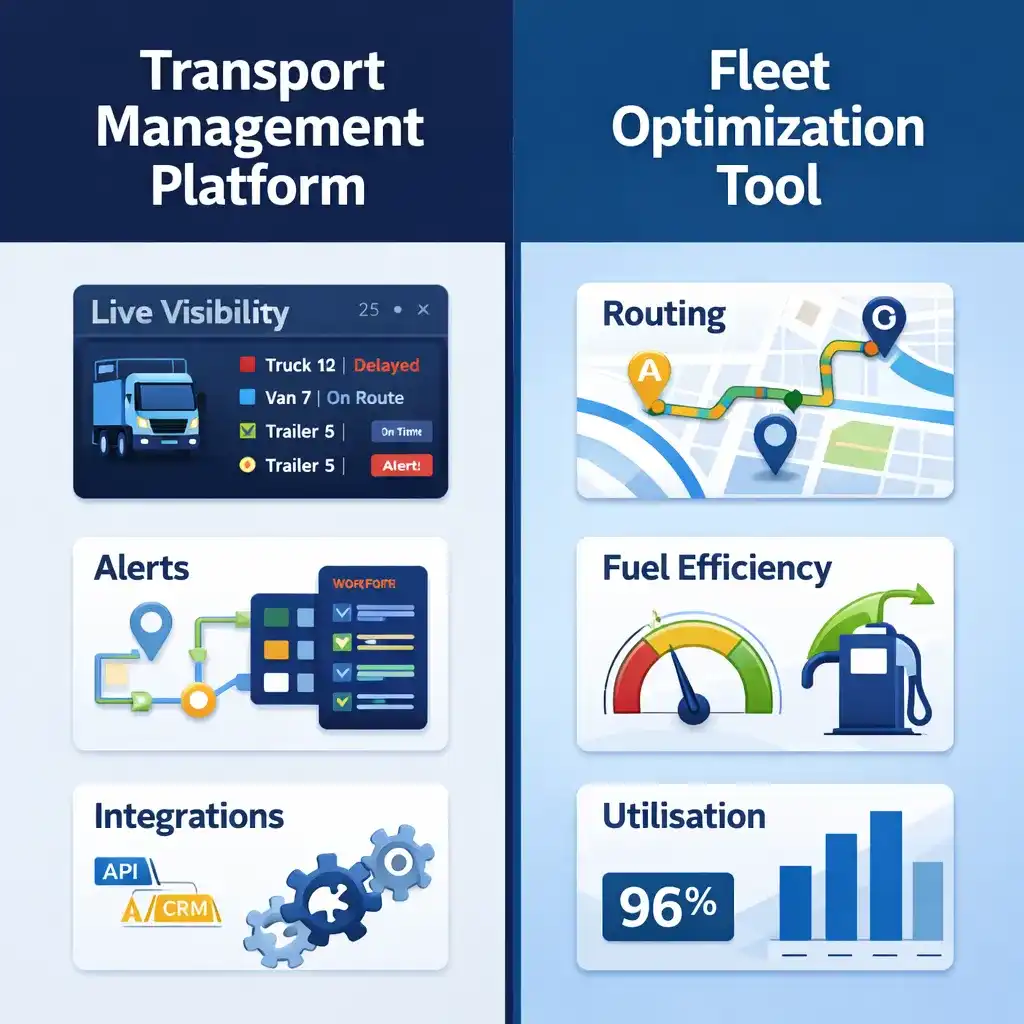 Comparison infographic showing transport management platforms versus fleet optimization tools and their core capabilities