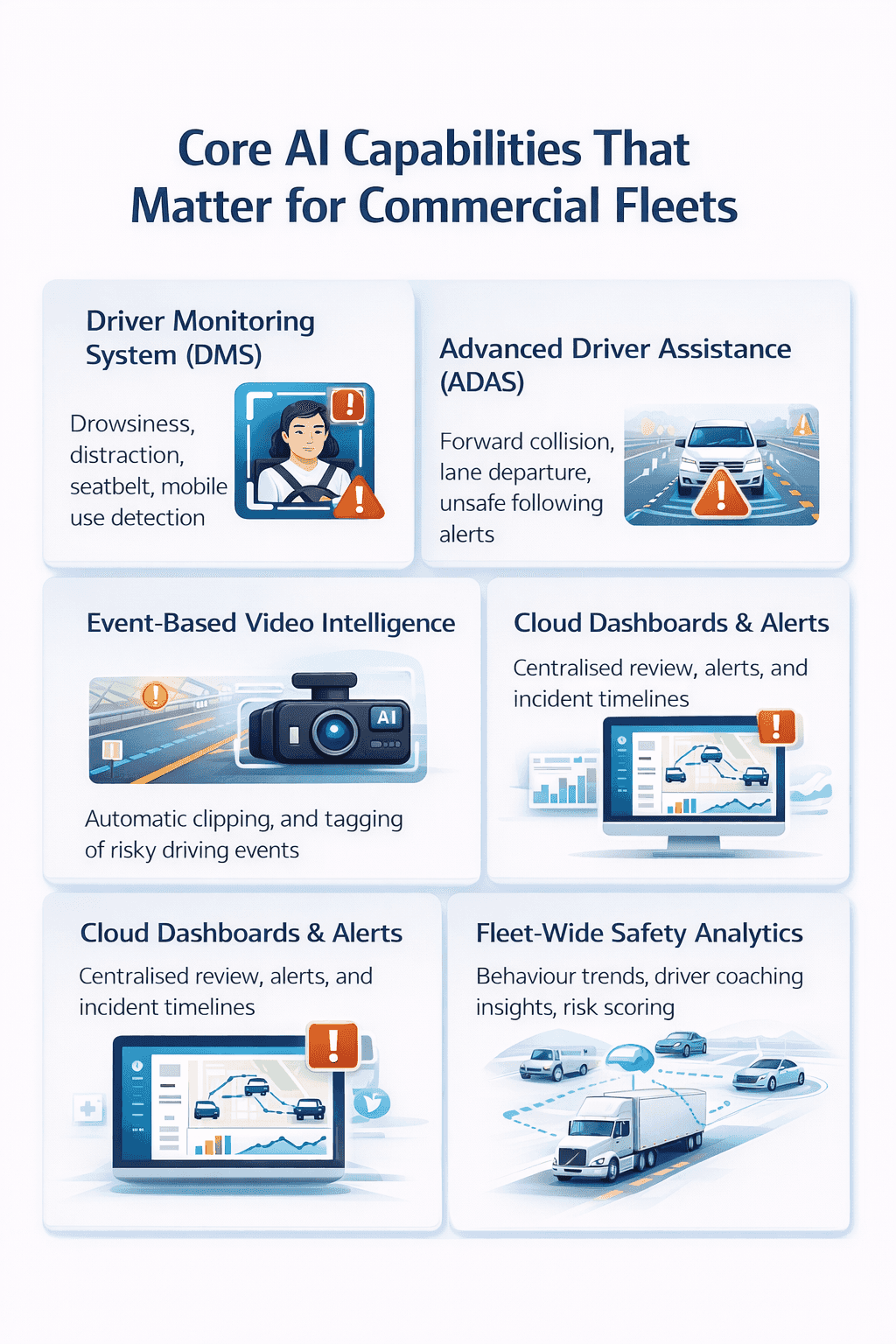 Core AI capabilities of fleet-grade AI dash cams including driver monitoring, ADAS, event detection, dashboards, and safety analytics