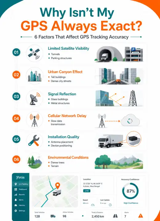 Infographic showing how satellite visibility, urban canyons, and multipath signal reflection affect GPS tracking accuracy