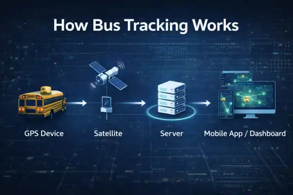 GPS tracking dashboard showing school bus routes with real-time location pins and arrival estimates