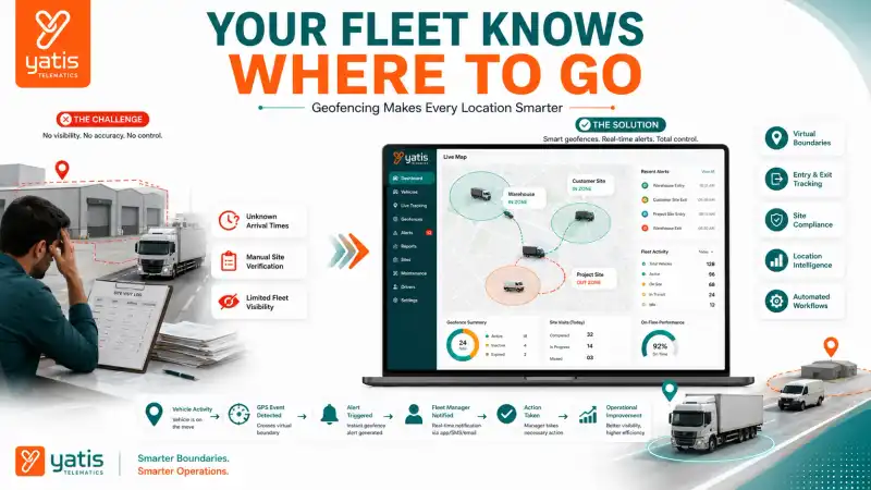 Fleet manager monitoring geofencing zones on a GPS tracking dashboard with virtual boundaries, commercial vehicles, and location-based alerts