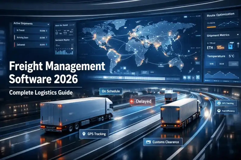 Futuristic freight management software dashboard showing shipment tracking, route optimization, freight analytics, and connected logistics trucks in a digital control room