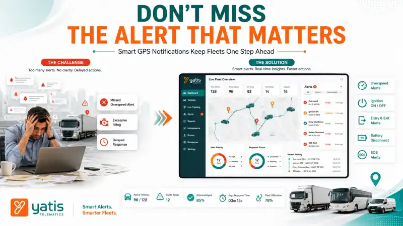 Fleet manager monitoring GPS tracking alerts on a dashboard showing overspeed, idling, ignition, and entry/exit notifications for commercial vehicles