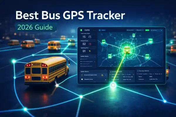Fleet of school buses connected with GPS tracking dashboard showing real-time routes and monitoring system