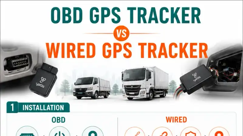 Fleet comparison showing OBD plug-and-play tracker deployment versus concealed wired GPS tracker installation across commercial vehicles