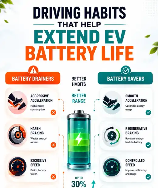 Illustration of factors affecting EV range including battery charge, traffic, weather, terrain, and charging infrastructure