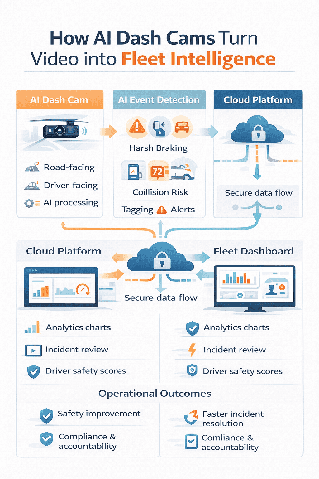 Infographic showing AI dash cam data flow from camera to fleet intelligence platform