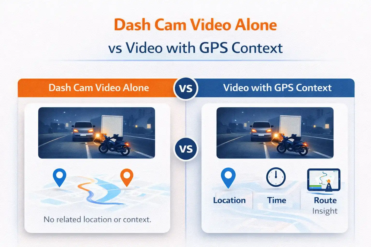 Infographic comparing dash cam video alone versus video with GPS location context