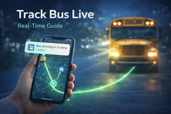 Smartphone showing live bus location tracking with map and approaching school bus in background