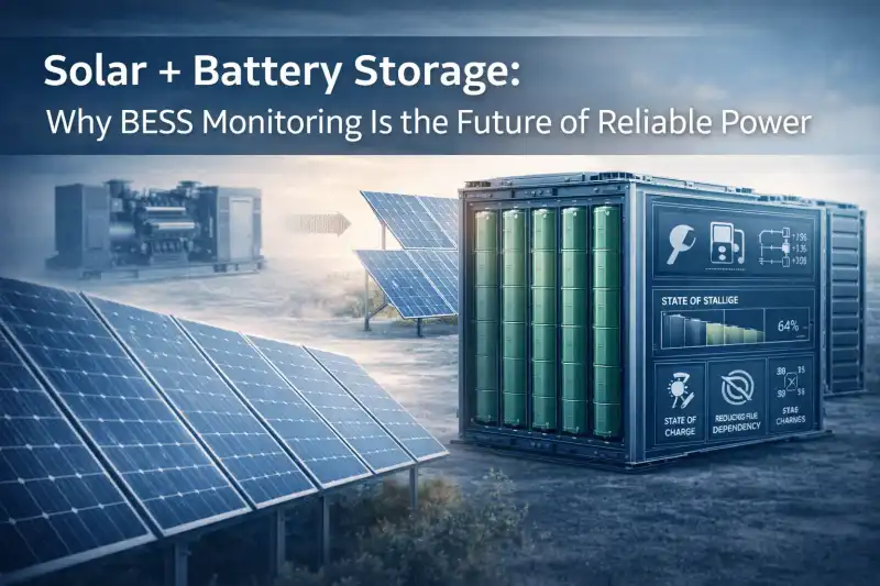 Solar panels and battery energy storage system replacing diesel generator in a modern renewable energy infrastructure