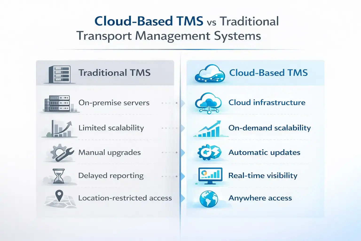 Diagram comparing multi-tenant cloud TMS architecture versus traditional hosted transport management systems
