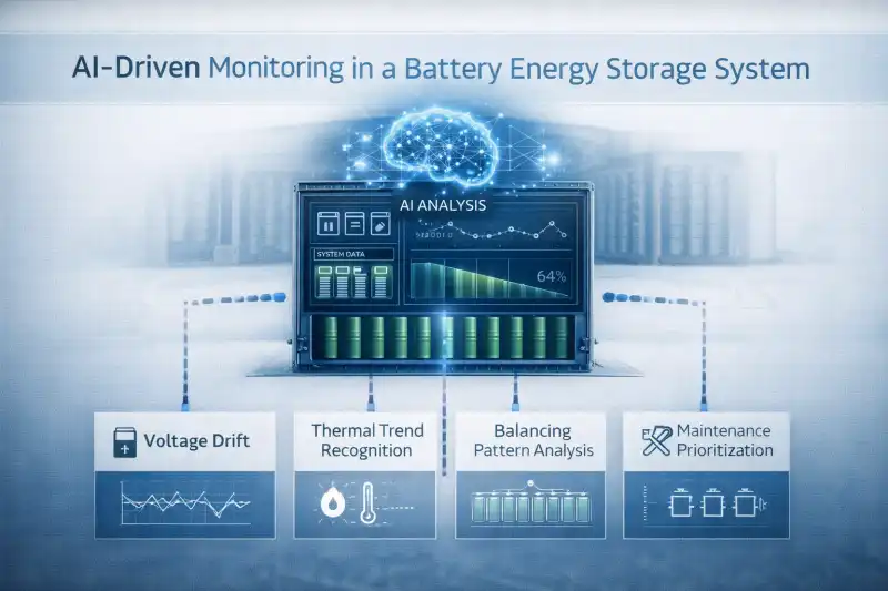 Infographic showing AI battery monitoring detecting voltage drift, thermal trends, balancing patterns, and maintenance priorities in BESS