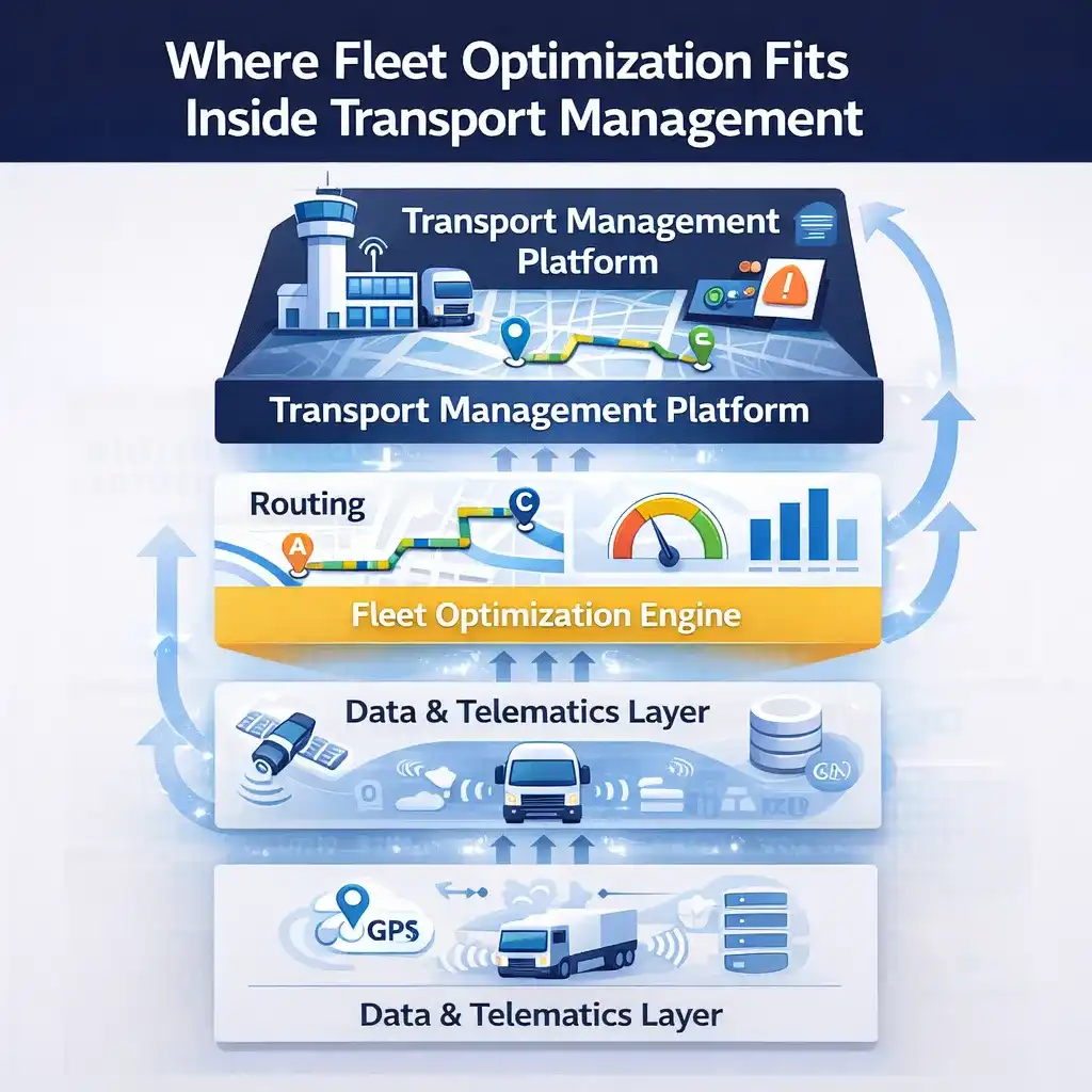 Infographic showing fleet optimization as a component within a transport management platform architecture