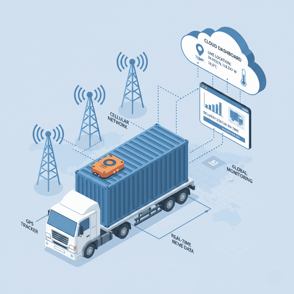 Infographic showing GPS and cellular-based container tracking during land transport