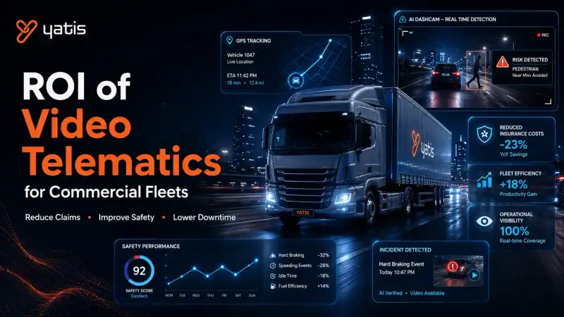 Commercial fleet truck with AI-powered video telematics dashboard showing real-time driver alerts, GPS tracking, and fleet safety analytics