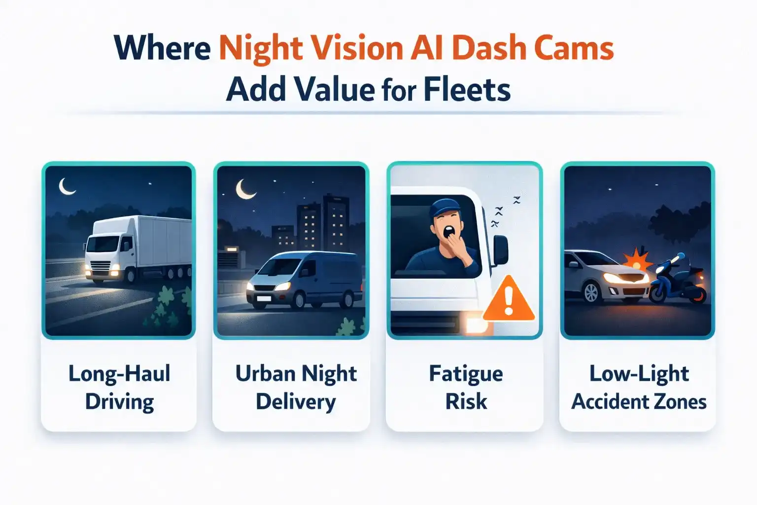 Infographic showing night-time use cases for AI dash cams in commercial fleets
