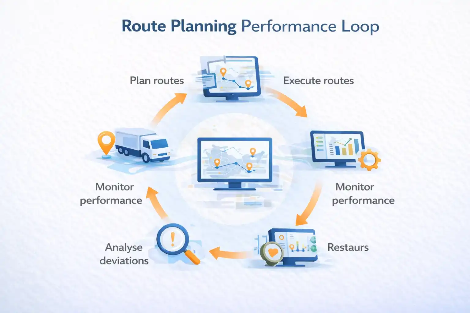 Loop diagram showing route planning, execution, monitoring, and analysis in a transport intelligence platform