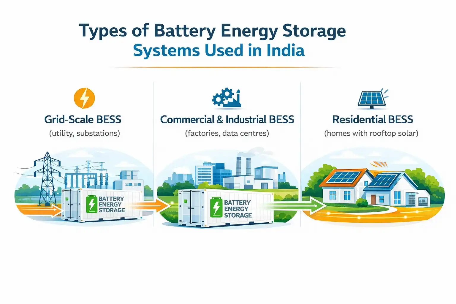 Infographic showing grid-scale, commercial, and residential battery energy storage systems in India