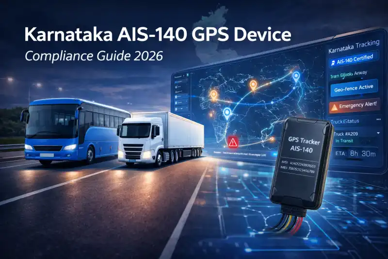 Karnataka AIS-140 GPS device with commercial bus, logistics truck, GPS dashboard, and transport compliance visuals