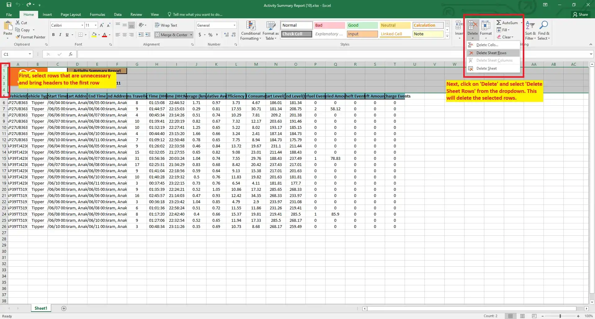 Remove unnecessary rows and columns screenshot