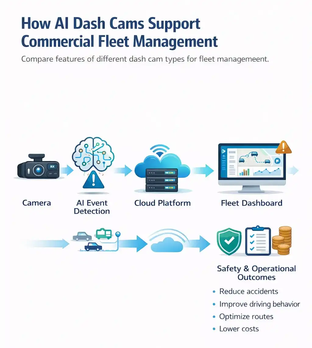 Infographic showing how AI dash cam data supports commercial fleet management decisions