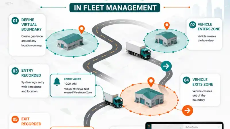Geofencing applications across logistics, construction, mining, and field service fleets shown on a map with virtual boundaries