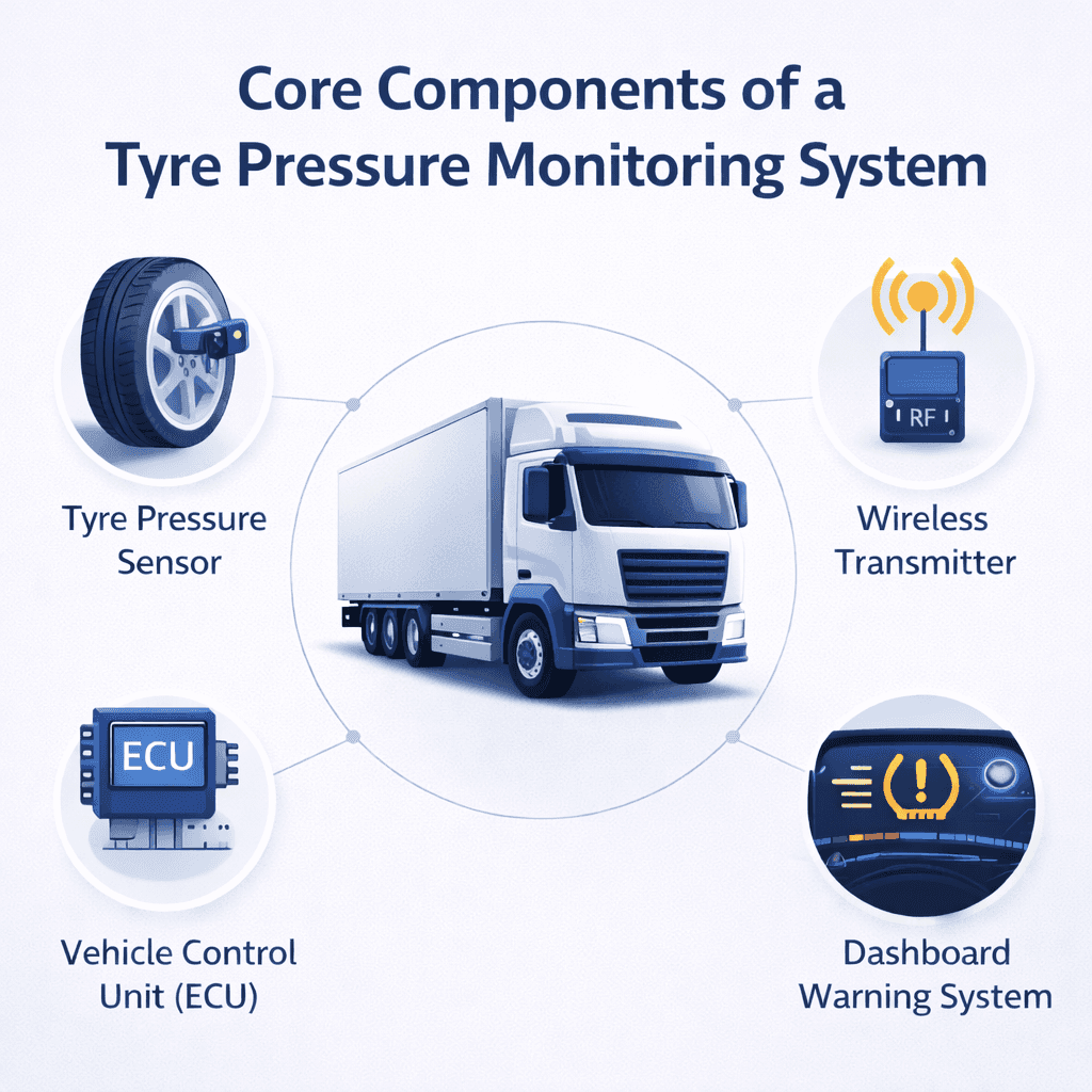Infographic showing core components of a tyre pressure monitoring system including sensors ECU and dashboard alert