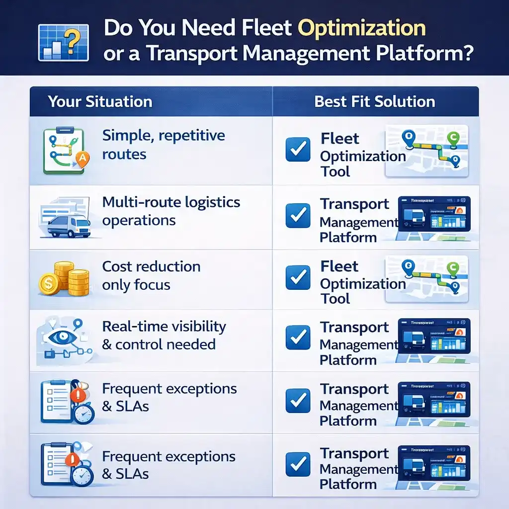 Decision matrix infographic comparing when to use fleet optimization tools versus transport management platforms