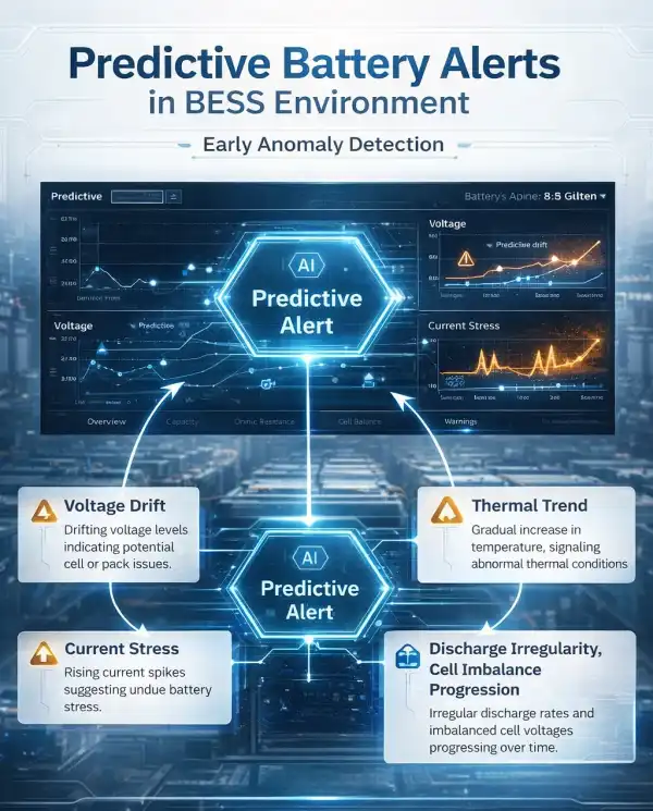 Infographic showing predictive battery alerts detecting voltage drift, thermal trends, current stress, and discharge irregularities