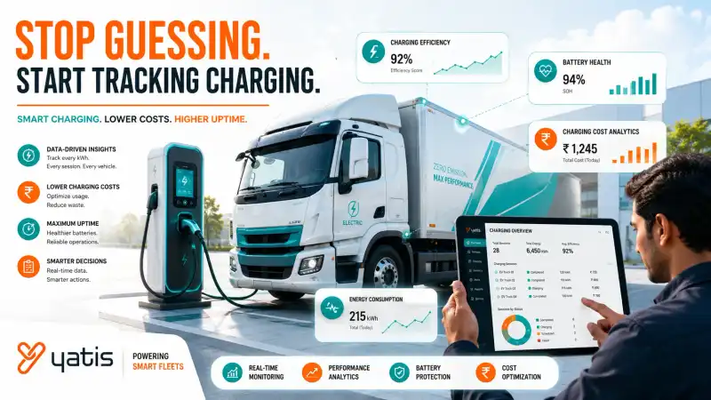 Fleet manager monitoring EV charging analytics dashboard showing charging sessions, battery performance, energy consumption, and fleet utilisation