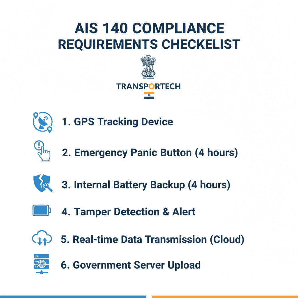 Infographic showing AIS140 compliance requirements including GPS, panic button and data transmission
