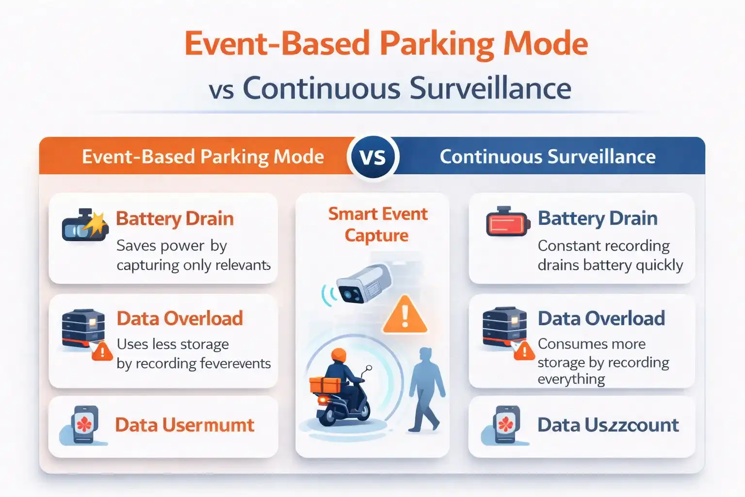 Comparison infographic showing event-based parking mode versus continuous dash cam surveillance